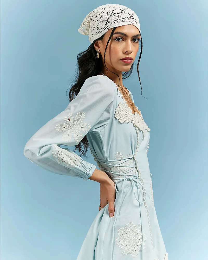 Womens Blue Broderie Daisy Mini Dress