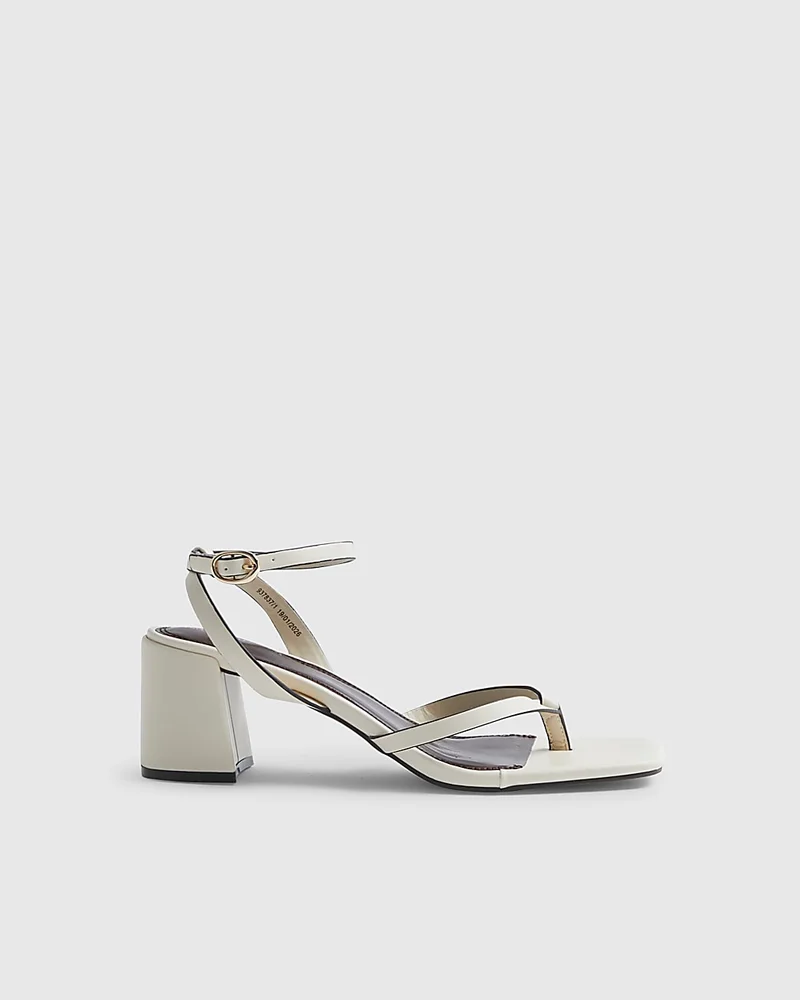 Womens Cream Block Heel Toe Thong Sandals