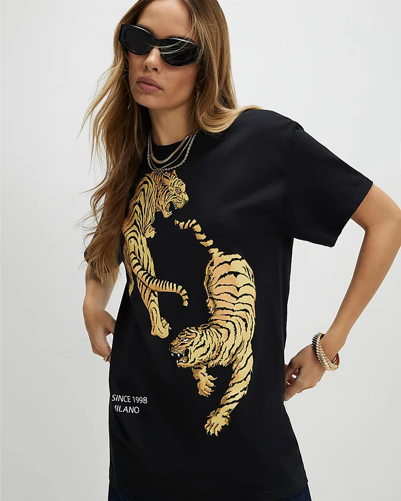 Womens Black Mirror Print Tiger T-Shirt