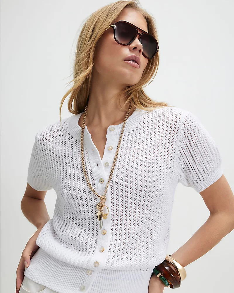 Womens White Knitted Button Through T-Shirt
