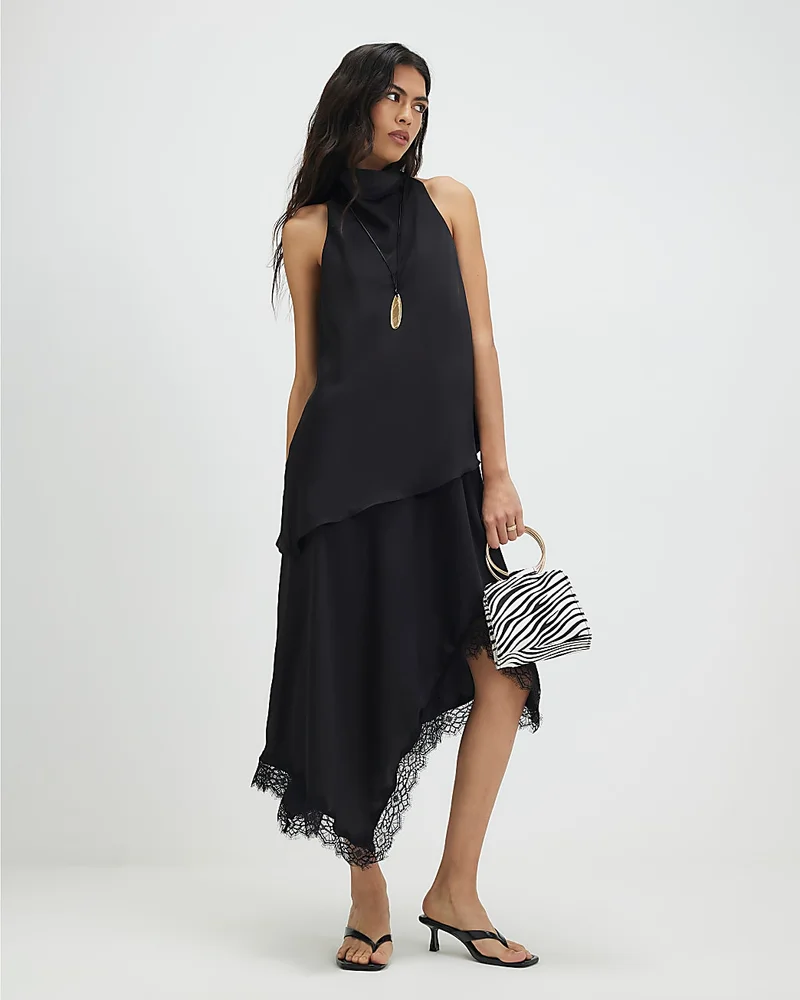 Womens Black Lace Trim Asymmetric Dress