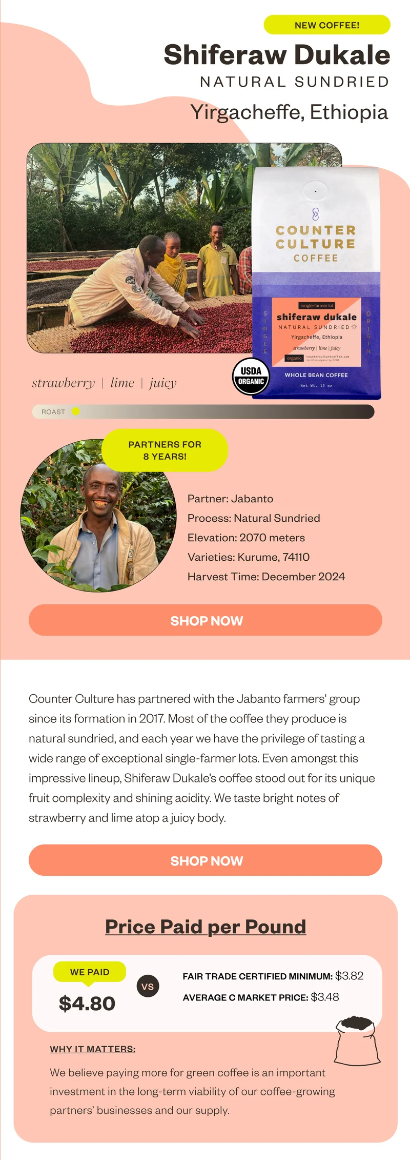 New Coffee! Shiferaw Dukale Yirgacheffe, Ethiopia strawberry lime juicy Roast Light Parnters for 8 yearsProcess: Natural Sundried  Elevation: 2070 masl Varieties: Kurume, 74110 Harvest Time: Dec 2024 Shop NowCounter Culture has partnered with the Jabanto farmers' group since its formation in 2017. Most of the coffee they produce is natural sundried, and each year we have the privilege of tasting a wide range of exceptional single-farmer lots. Even amongst this impressive lineup, Shiferaw Dukale’s coffee stood out for its unique fruit complexity and shining acidity. We taste bright notes of strawberry and lime atop a juicy body.   Shop Now Price paid per pound We paid $4.80 Fair Trade certified miumum $3.82 Average C Market Price $3.48 Why it matters: We believe paying more for green coffee is an important investment in the long-term viability of our coffee-growing parnter' businesses and our suppy.