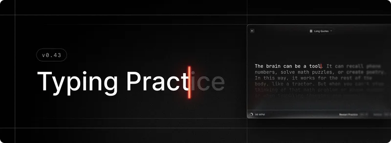 A dark interface displaying "Typing Practice" with a glowing red cursor, alongside a sidebar showing typing statistics at 96 WPM.