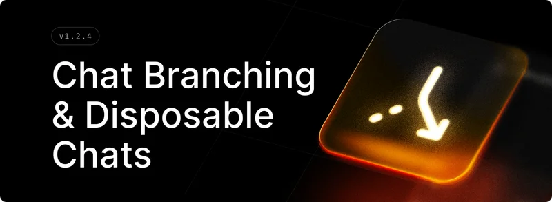 Glowing neon downward arrow icon on a dark background with "Chat Branching & Disposable Chats" text and version