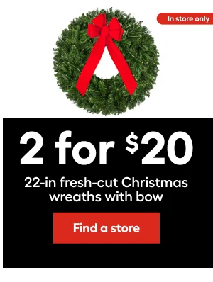2 for $20. 22-in fresh-cut Christmas wreaths with bow. In store only.