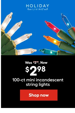 HOLIDAY LIVING. Was $3.98, Now $2.98. 100-ct mini incandescent string lights.