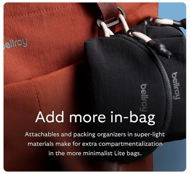 Attachables and packing organizers in super-light materials make for extra compartmentalization in the more minimalist Lite bags.