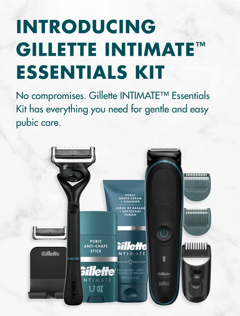 Introducing Gillette INTIMATE™ Essentials Kit. No compromises. Gillette INTIMATE™ Essentials Kit has everything you need for gentle and easy pubic care.