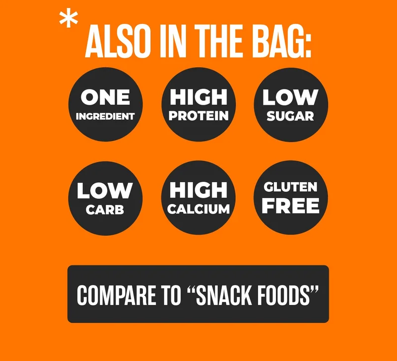Moon Cheese | Also in the bag: | one ingredient | High Protein | Low Sugar | Low Carb | High Calcium | Gluten Free | Compare to "Snack foods"