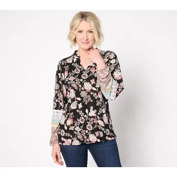 Belle Boho by Kim Gravel World Traveler Split Neck Knit Top