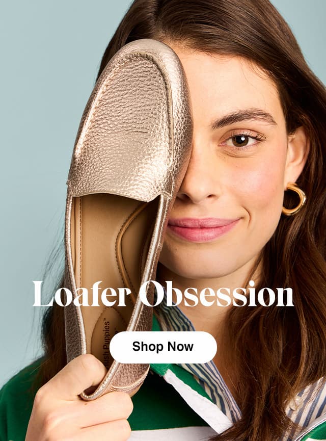 A smiling woman holding up the Ozzie Loafer in Soft Rose Gold metallic leather. The email says Loafer Obsession. Shop Now.
