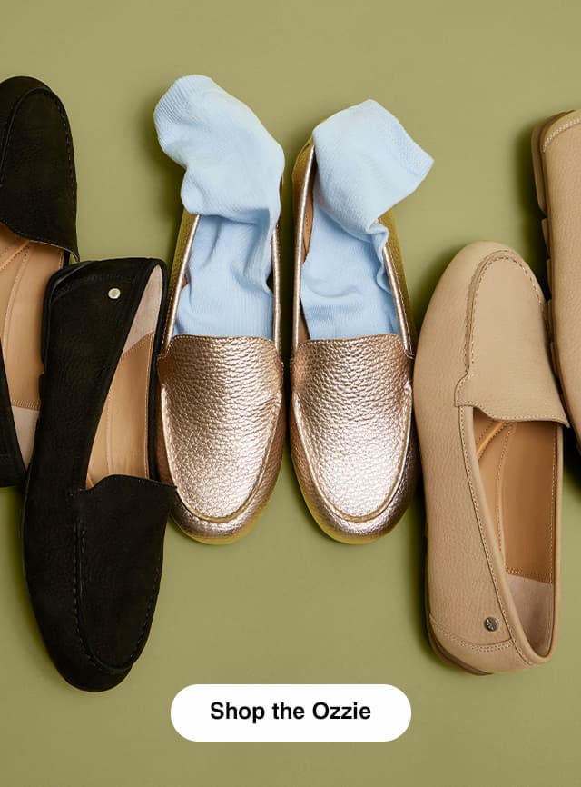 The Ozzie in Black suede, Soft Rose Gold metallic leather, and wide-width Khaki suede. Shop the Ozzie.