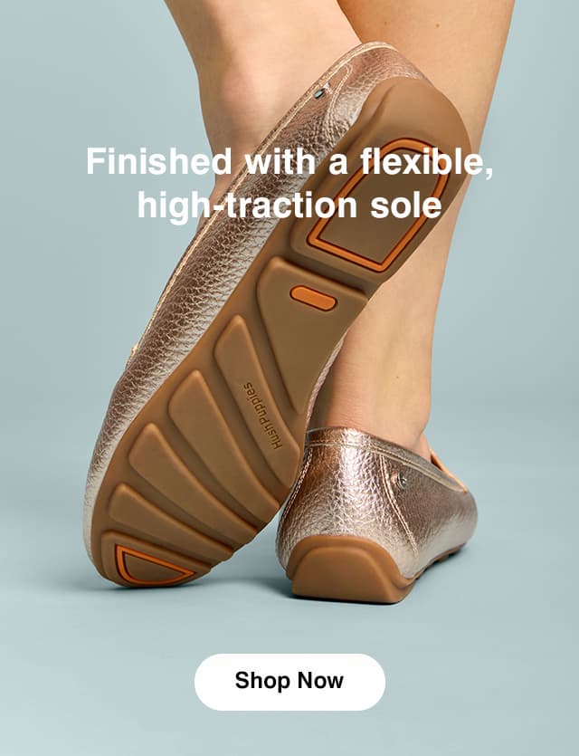 The driving sole of the Ozzie Loafer in Soft Rose Gold Metallic leather. The emails says Finished with a flexible, high-traction sole. Shop Now