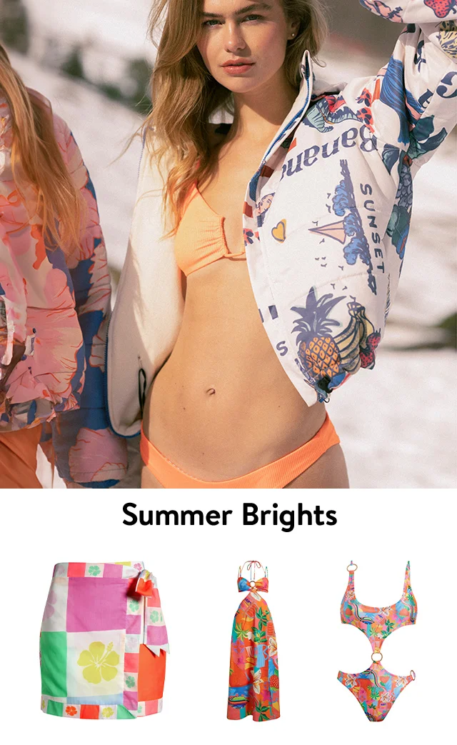 A woman wearing a jacket and bikini. Bright swimsuits and cover-ups.