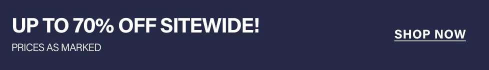 Dark blue banner with bold white text announcing a sitewide sale: UP TO 70% OFF! Prices as marked. Click to shop now.