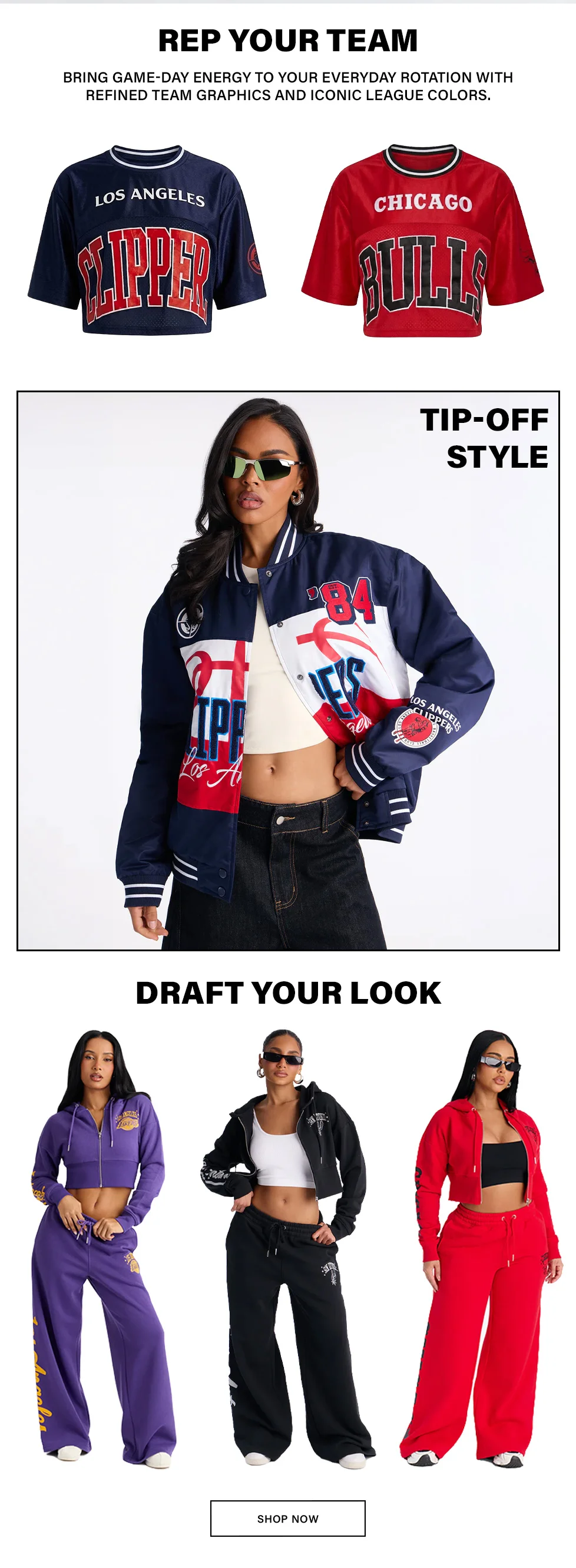 NBA women's team streetwear collection: cropped jerseys, a Clippers varsity jacket, and sporty tracksuits. Shop elevated fan fashion now.