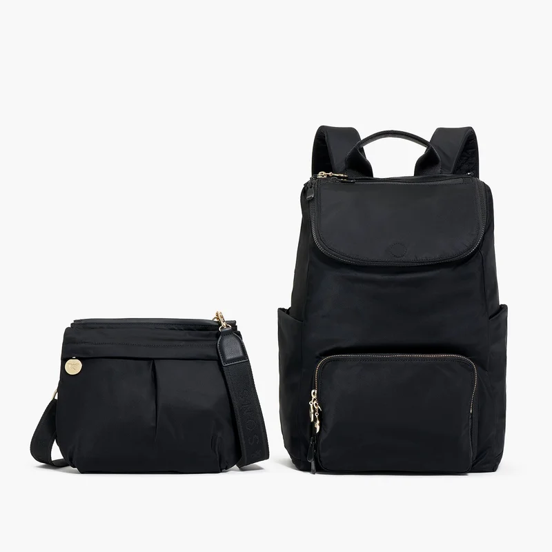 Image of Melrose Rucksack - Recycled Nylon - Black / Gold / Camel