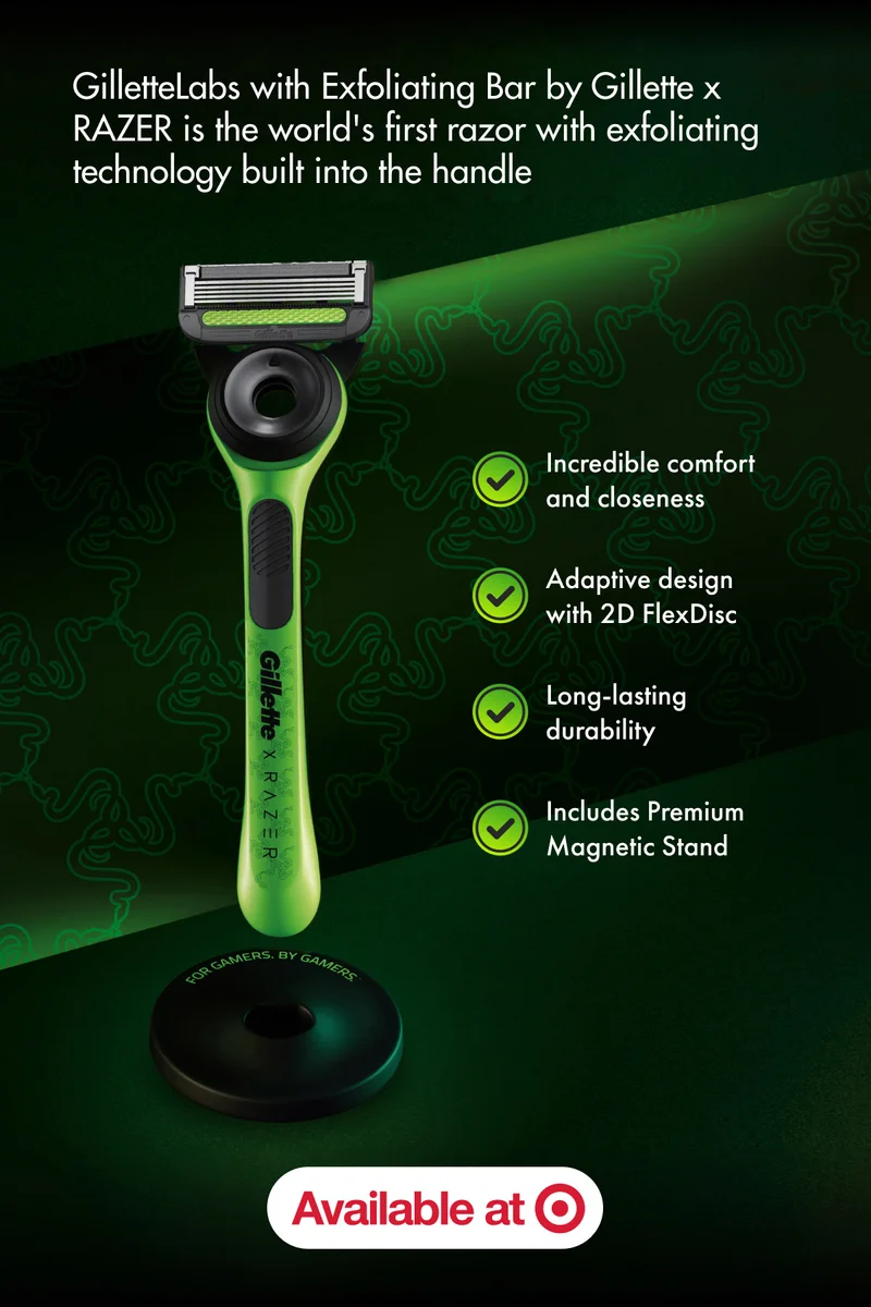 GilletteLabs with Exfoliating Bar by Gillette x RAZER is the world's first razor with exfoliating technology built into the handle. Incredible comfort and closeness. Adaptive design with 2D FlexDisc. Long-lasting durability Includes. Premium Magnetic Stand. Available at Target