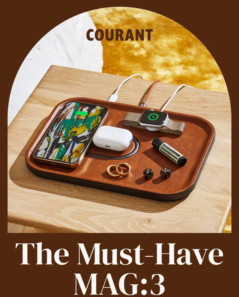 The Must Have MAG:3 charging tray with phone, airpods, watch and items on tray