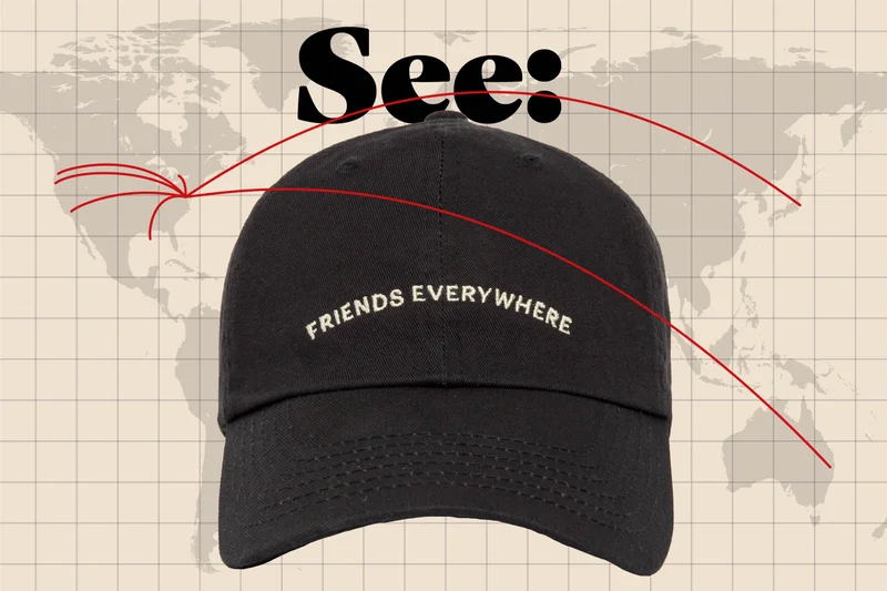 Black baseball cap with 'FRIENDS EVERYWHERE' embroidered, against a backdrop of a map with routes, indicating the global nature of the offer to book a room and receive this cap with the promo code EVERYWHERE.