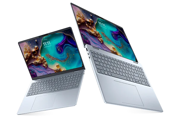 Two Dell 16 Plus laptop computers floating in midair.