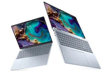 Two Dell 16 Plus laptop computers floating in midair.