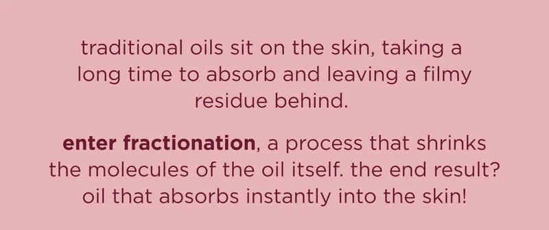traditional oils sit on the skin, taking a long time to absorb and leaving a filmy residue behind. enter fractionation, a process that shrinks the molecules of the oil itself. the end result? oil that absorbs instantly into the skin!
