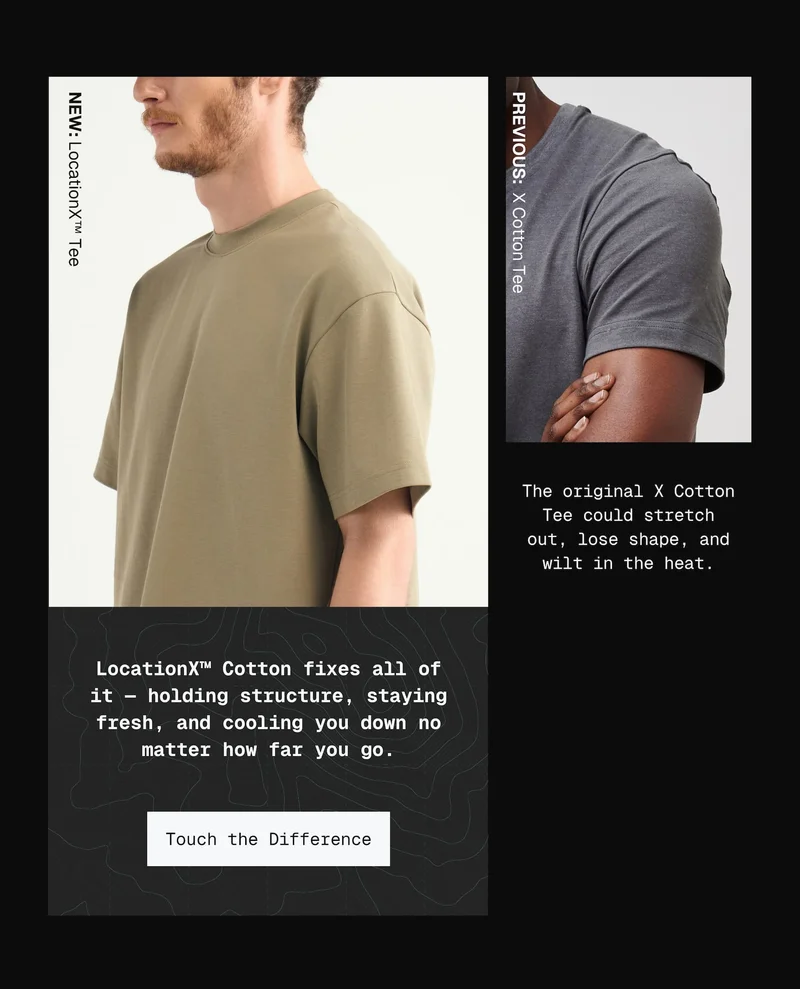 The original X Cotton Tee could stretch out, lose shape, and wilt in the heat. LocationX™ Cotton fixes all of it — holding structure, staying fresh, and cooling you down no matter how far you go.