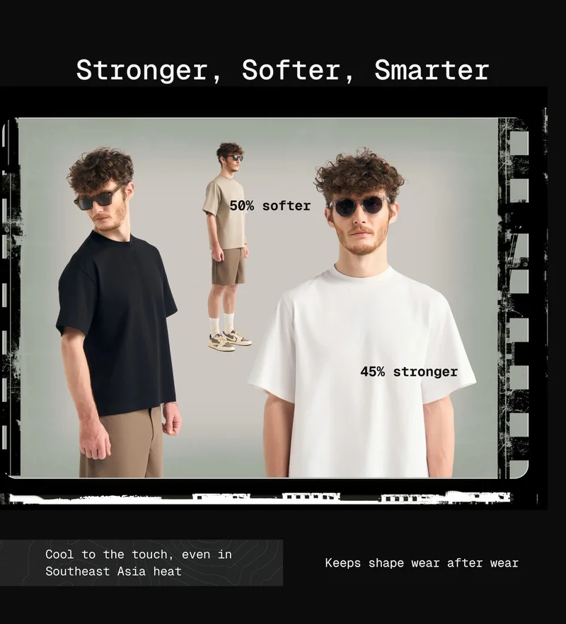 Stronger, Softer, Smarter:  50% softer 45% stronger Cool to the touch, even in Southeast Asia heat Keeps shape wear after wear