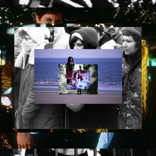 A layered collage of film stills from various Sundance movies.