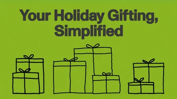 Animated graphic in Sundance colors reading ‘Your Holiday Gifting, Simplified,’ with illustrated presents along the bottom.