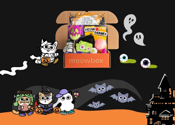 Image of the Tricks, Treats and Toe Beans meowbox with illustrated Halloween cats around it