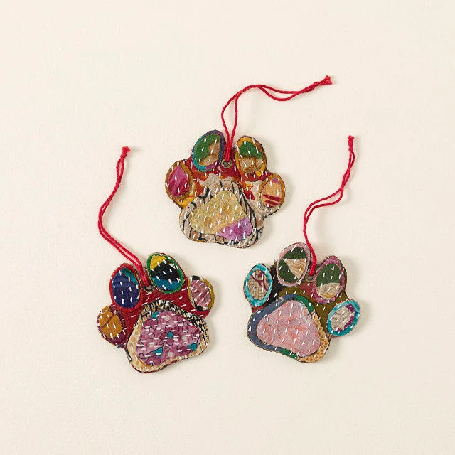 Repurposed Sari Paw Print Ornament: Set of 3