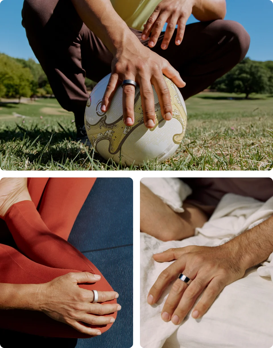 3 images of hands with oura rings on