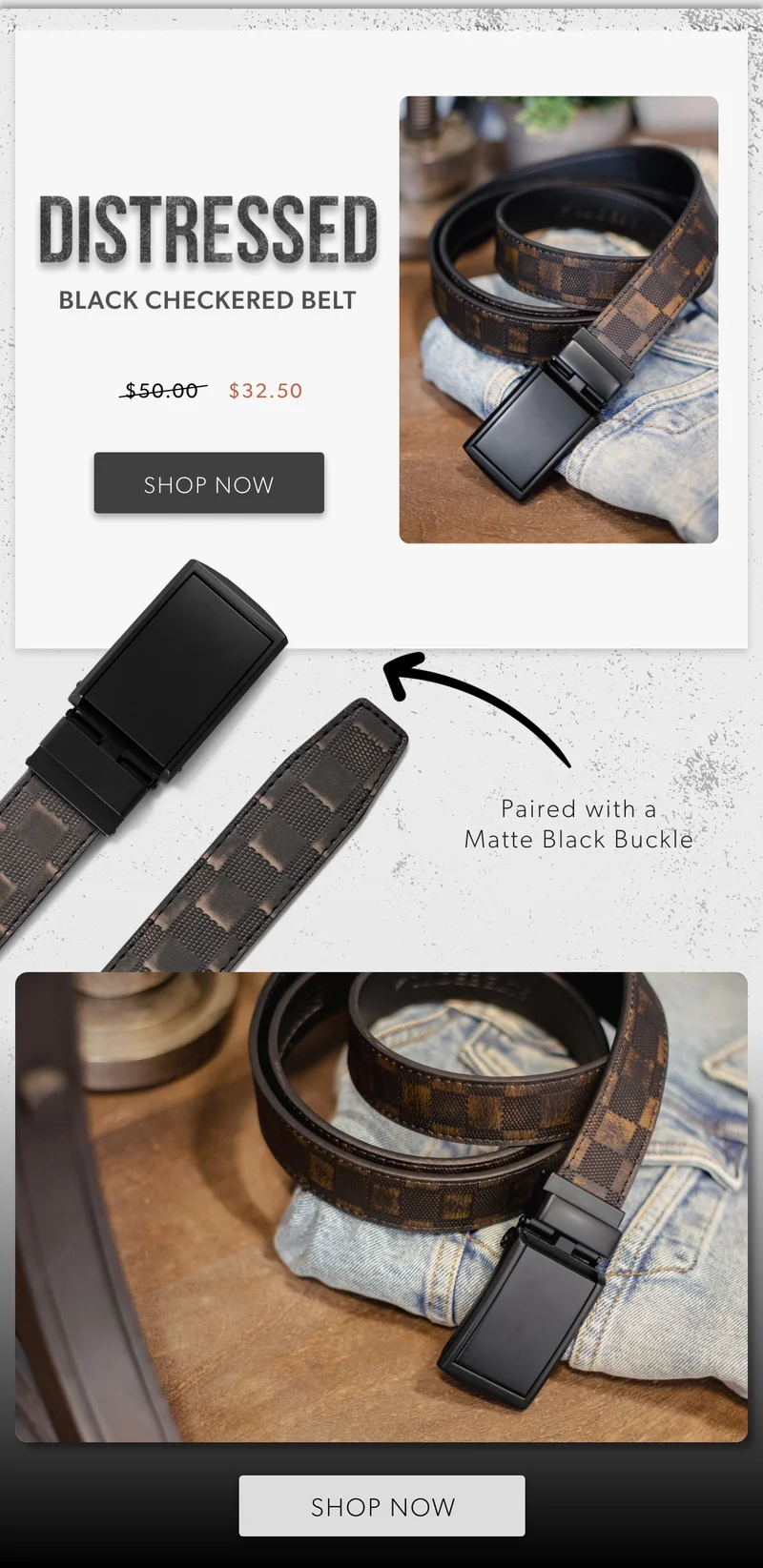 Distressed Black Checkered Belt now $32.50
