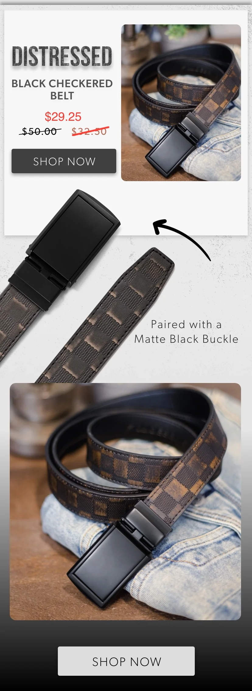 35% off Distressed Black Checkered Belt. Now $32.50