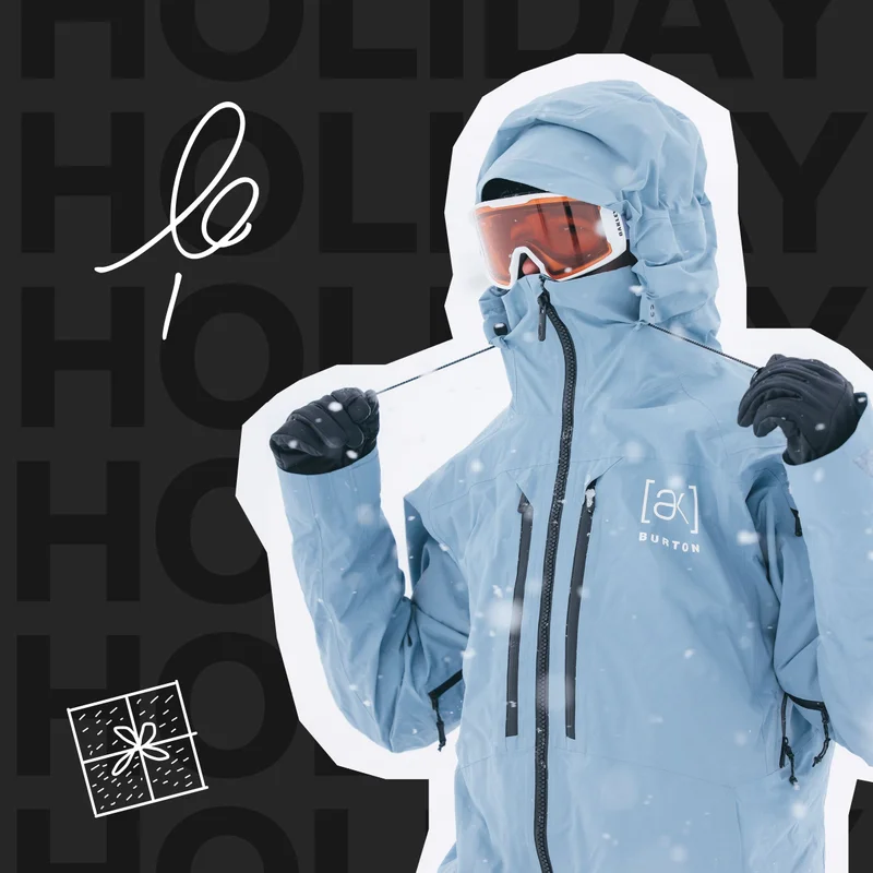 Cut-out image of a model wearing the Burton [ak] Swash Jacket in dusty blue. In the background, the text HOLIDAY is repeated.
