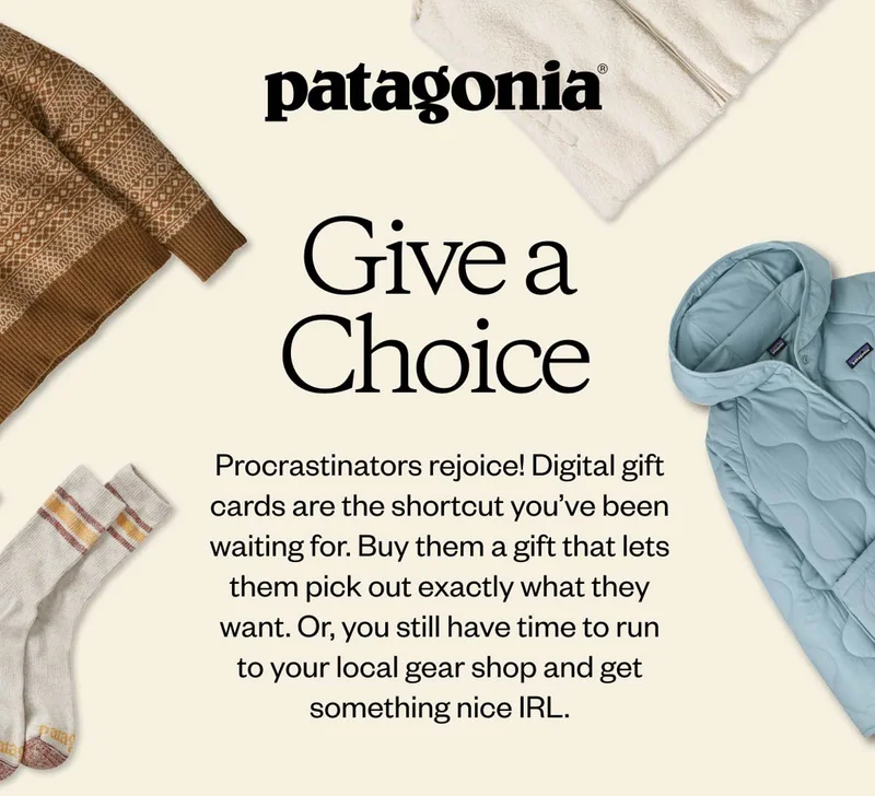 Patagonia. Give a Choice. Procrastinators rejoice! The digital gift cards are the shortcut you’ve been waiting for. Buy them a gift where they can pick out exactly what they want. Or, you still have time to run out to your local gear shop and pick out something nice IRL.