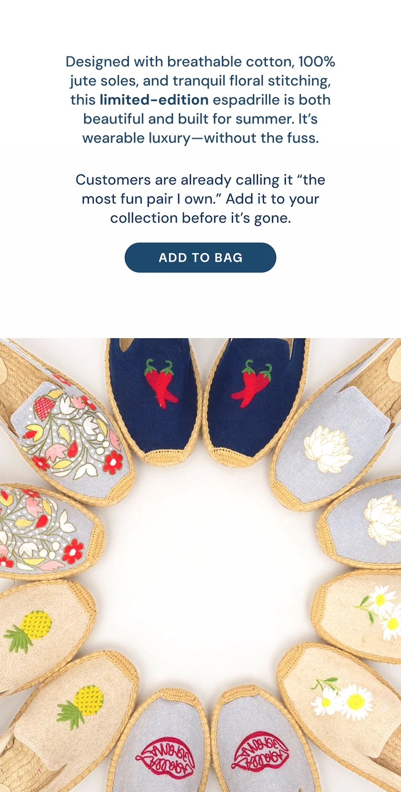 Designed with breathable cotton, flexible jute soles, and tranquil floral stitching, this limited-edition slip-on is both beautiful and built for summer. It’s wearable luxury—without the fuss. Customers are already calling it “the most comfortable pair I own.” Add it to your collection before it’s gone. Claim 20% OFF