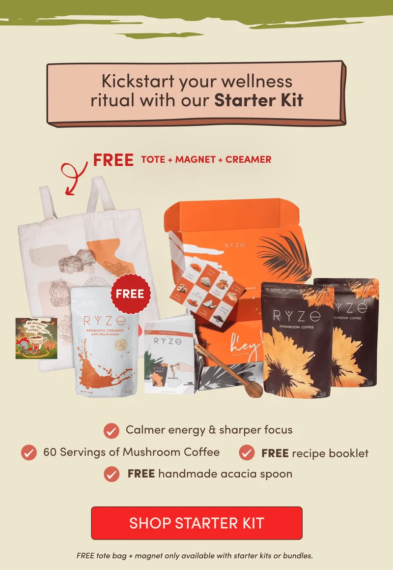 Kickstart your wellness ritual with our Starter Kit | Free tote + magnet + creamer | Calmer energy & sharper focus, 60 servings of Mushroom Coffee, Free recipe booklet, Free handmade acacia spoon | Shop Starter Kit | Free tote bag + magnet only available with starter kits or bundles