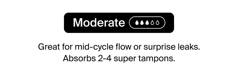 Moderate 3/5 droplets of absorbency. Great for mid-cycle flow or suprise leaks. Absorbs 2-4 super tampons.