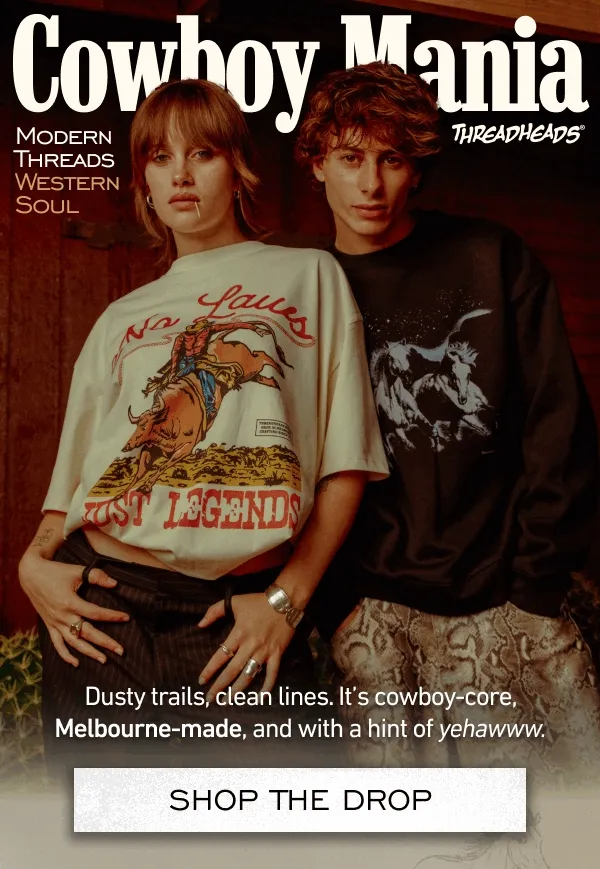 A GIF of two models, a man and a woman, wearing Cowboy-inspired clothing