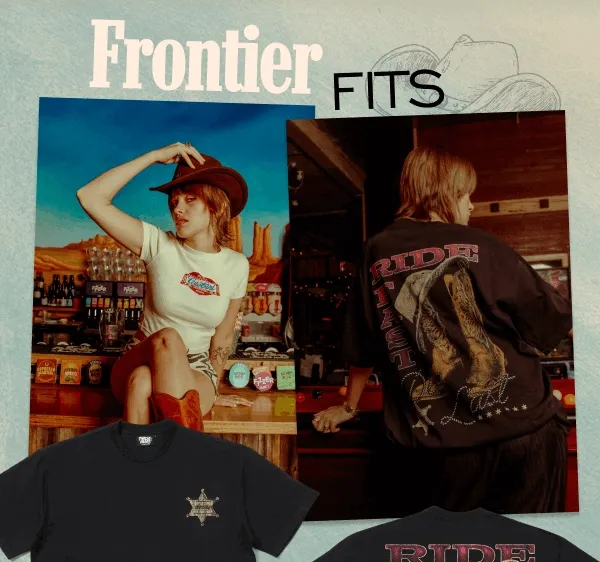 A GIF of a female model wearing cowboy-inspired graphic t-shirts