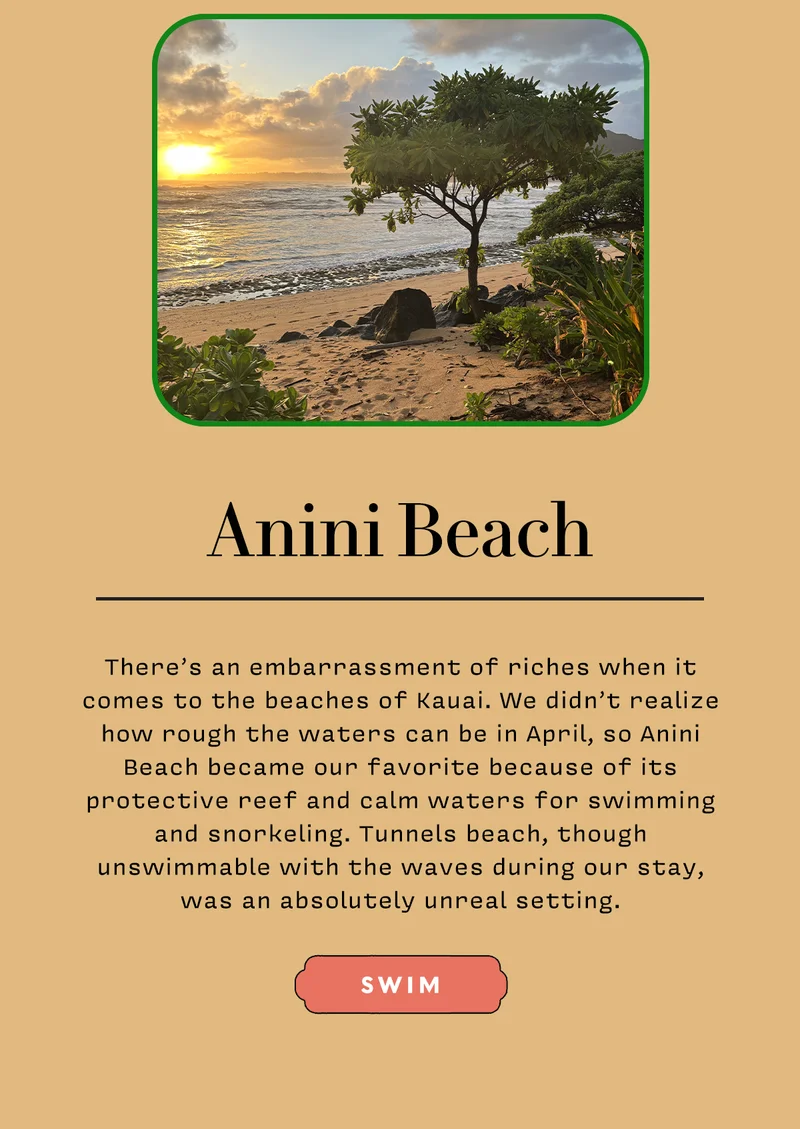 Anini Beach   There’s an embarrassment of riches when it comes to the beaches of Kauai. We didn’t realize how rough the waters can be in April, so Anini Beach became our favorite because of its protective reef and calm waters for swimming and snorkeling. Tunnels beach, though unswimmable with the waves during our stay, was an absolutely unreal setting.   SWIM