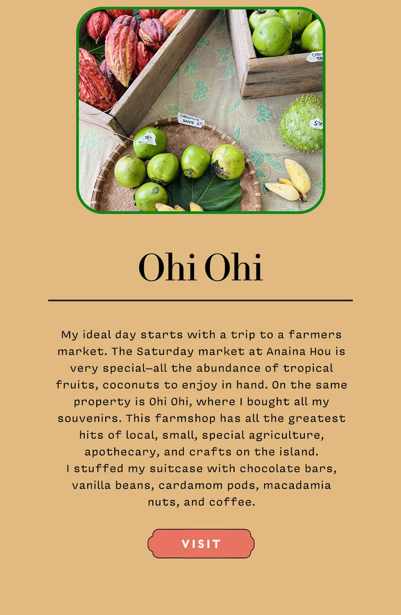 Ohi Ohi     My ideal day starts with a trip to a farmers market. The Saturday market at Anaina Hou is very special–all the abundance of tropical fruits, coconuts to enjoy in hand. On the same property is Ohi Ohi, where I bought all my souvenirs. This farmshop has all the greatest hits of local, small, special agriculture, apothecary, and crafts on the island.  I stuffed my suitcase with chocolate bars, vanilla beans, cardamom pods, macadamia nuts, and coffee.     VISIT