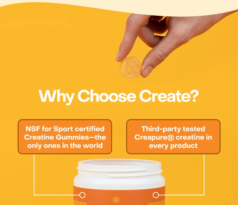 Why choose Create direct? NSF for Sport certified Creatine Gummies—the only ones in the world. Third-party tested Creapure® creatine in every product. Customer service that actually understands creatine. Flavors that make consistency automatic.