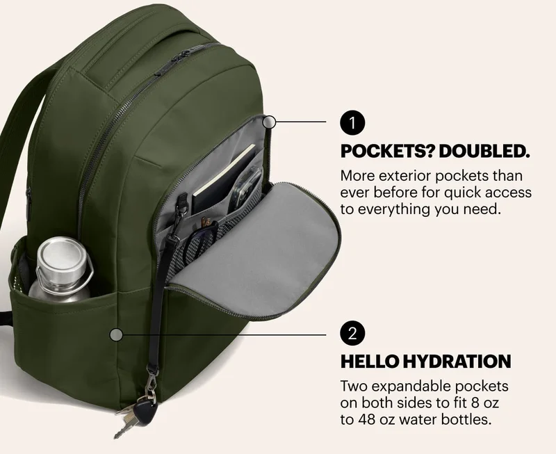 Doubled. More exterior pockets than ever before for quick access to everything you need. Hello hydration. Two expandable pockets on both sides to fit 8 oz to 48 oz water bottles.