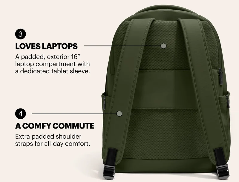 Loves laptops. A padded, exterior 16” laptop compartment with a dedicated tablet sleeve. and interior pockets for charging cables. A comfy commute. Extra padded shoulder straps for all-day comfort.