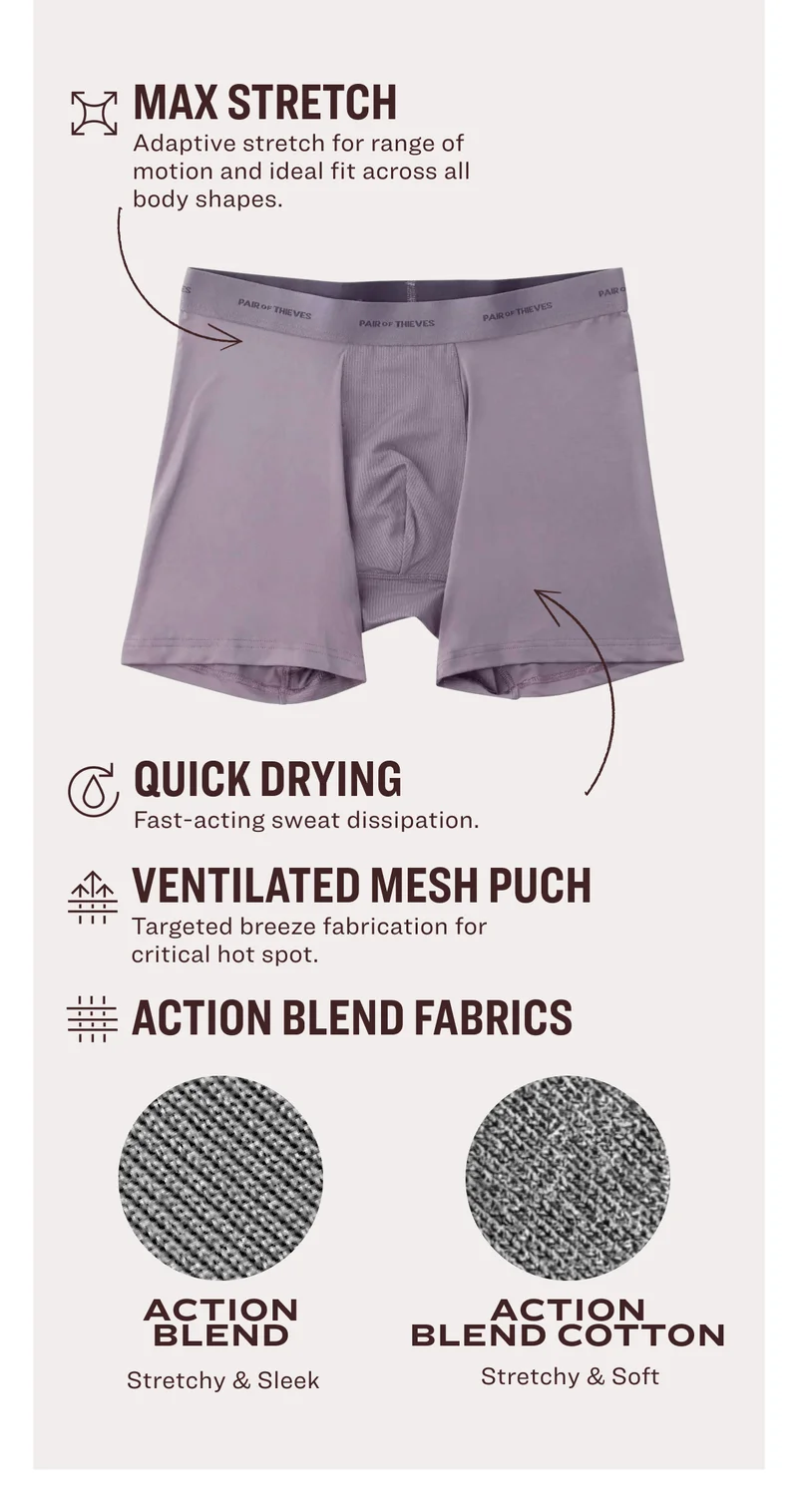 MAX STRETCH Adaptive stretch for range of motion and ideal fit across all body shapes. quick drying Fast-acting sweat dissipation. VENTILATED MESH PUCH Targeted breeze fabrication for critical hot spot. ACTION BLEND FABRICs  Action  Blend  Action  Blend COTTOn  Stretchy & Sleek  Stretchy & Soft