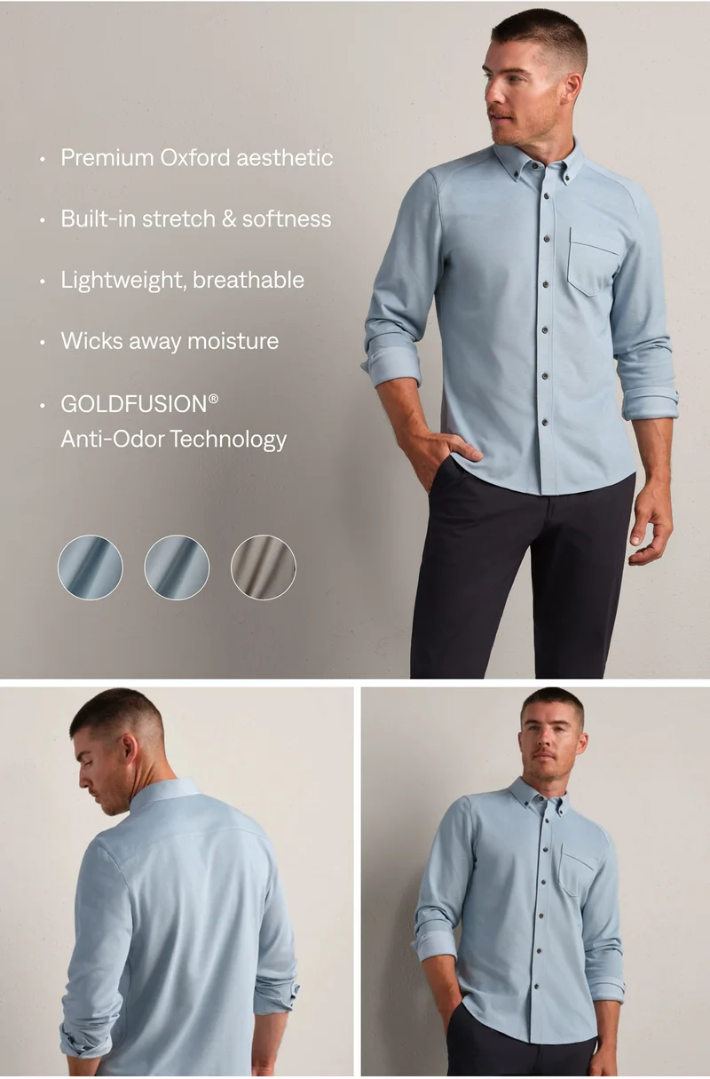 Effortless Oxford features: Premium Oxford aesthetic, built-in stretch and softness, llightweight and breathable